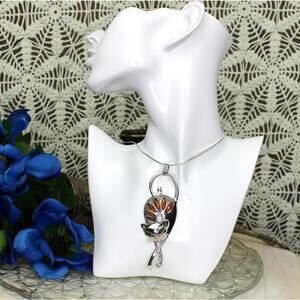 Late 90's/ Y2K Sterling Silver MCM Style Cat with Amber Colored Resin Necklace